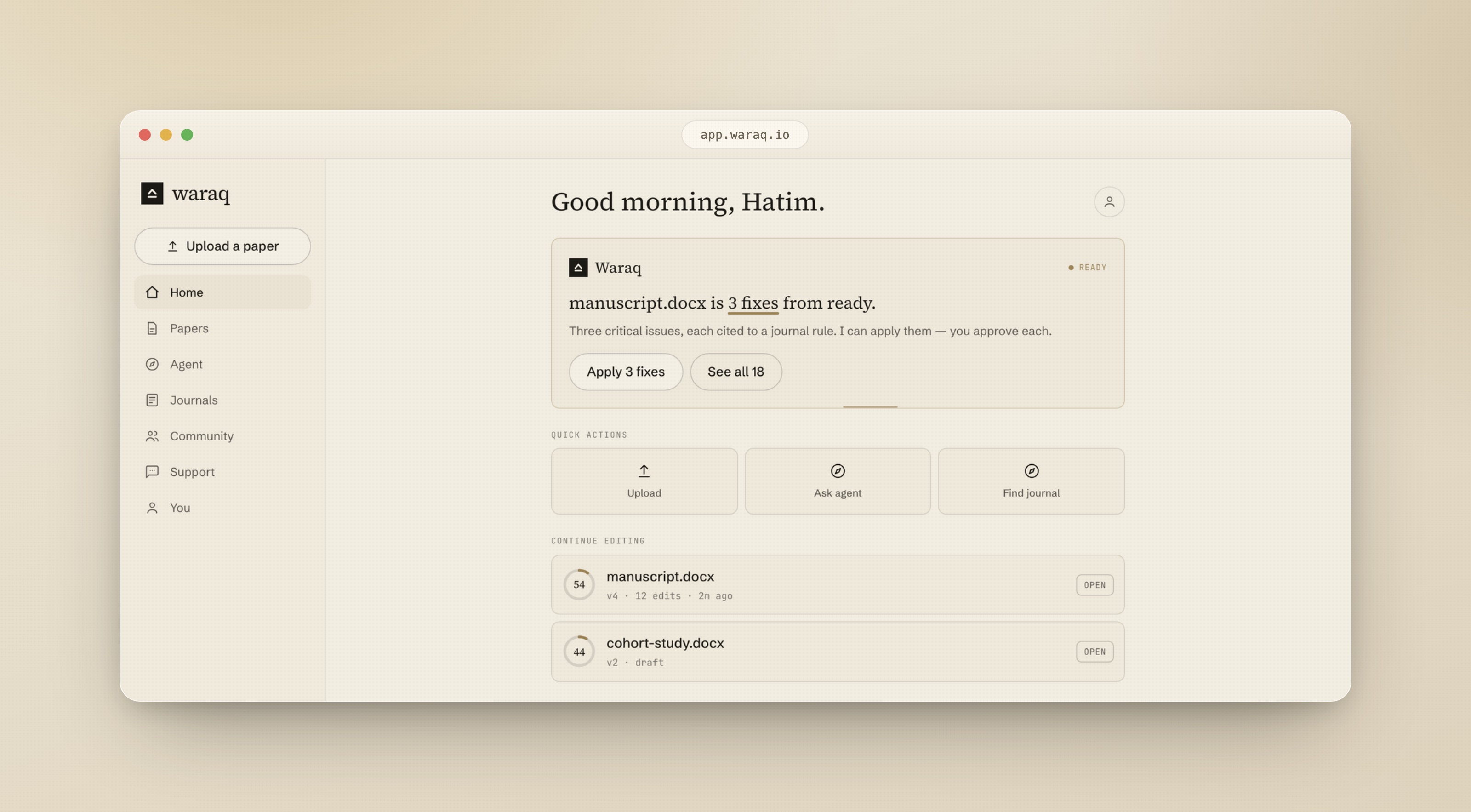The Waraq dashboard: your papers, scores, and the review agent.